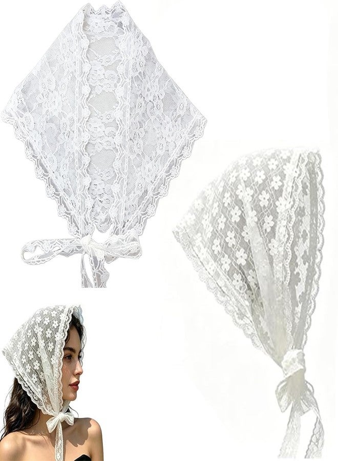 FFZDENA Hair Scarf for Women Bandanas for Women, Stylish Head Scarf for Women, White Floral Lace Bandana Scarf, Two Piece Set for Fashion Accessories, Daily Wear and Outdoor Activities - Image 1