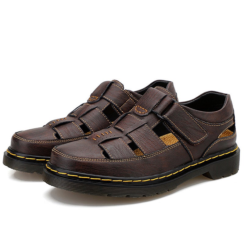Men's Genuine Leather Casual Sandals with Toe Cap and Velcro - Image 5