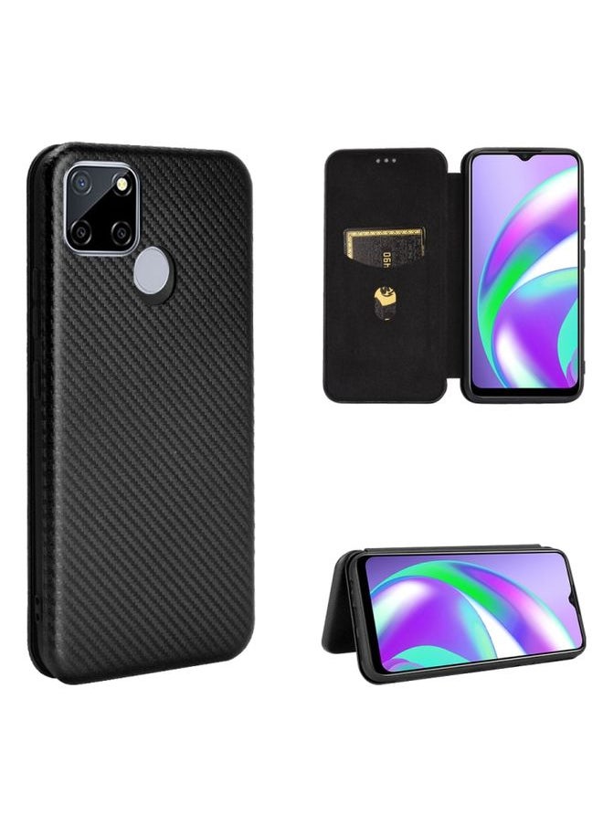 HuHa Case Cover For Realme Narzo 20 / Realme C12 Carbon Fiber Texture Horizontal Flip TPU + PC + PU Leather Case with Card Slot Black 