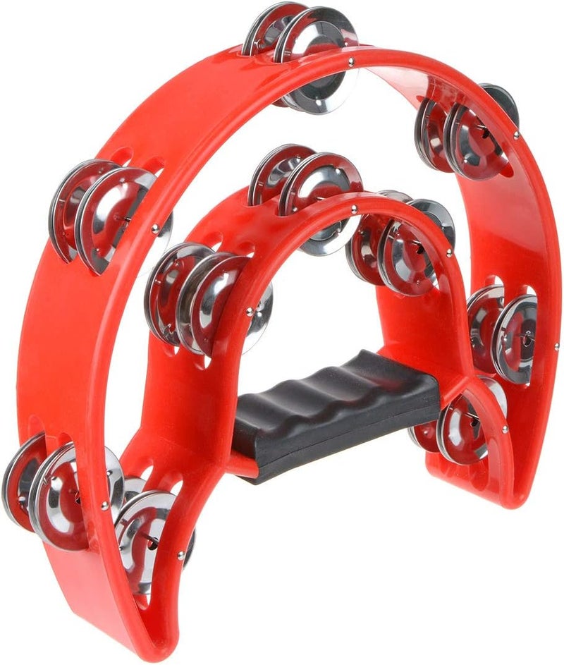 TENINYU Half Moon Musical Tambourine Double Row Metal Jingles Hand Held Percussion Drum Multicolor for KTV Party with Ergonomic Handle Grip (Red) - Image 1