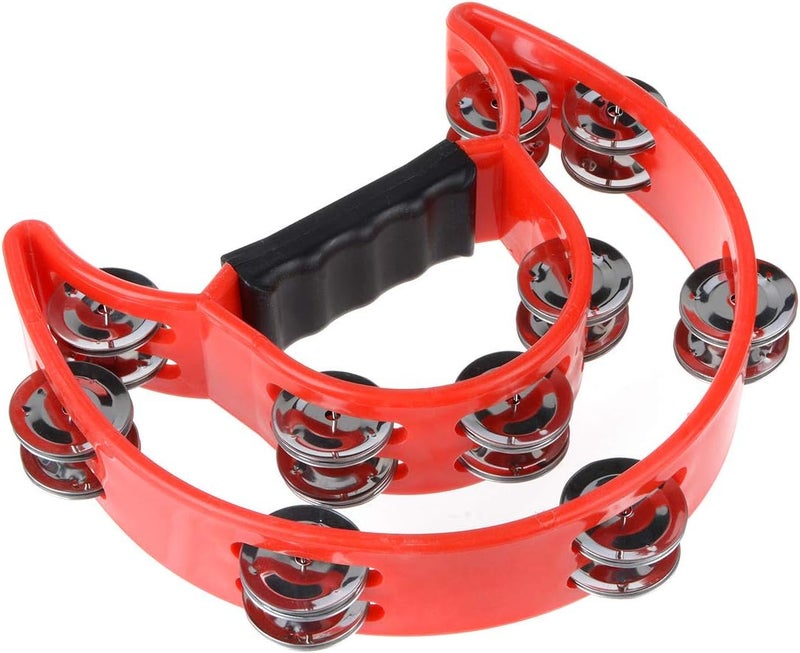 TENINYU Half Moon Musical Tambourine Double Row Metal Jingles Hand Held Percussion Drum Multicolor for KTV Party with Ergonomic Handle Grip (Red) - Image 4