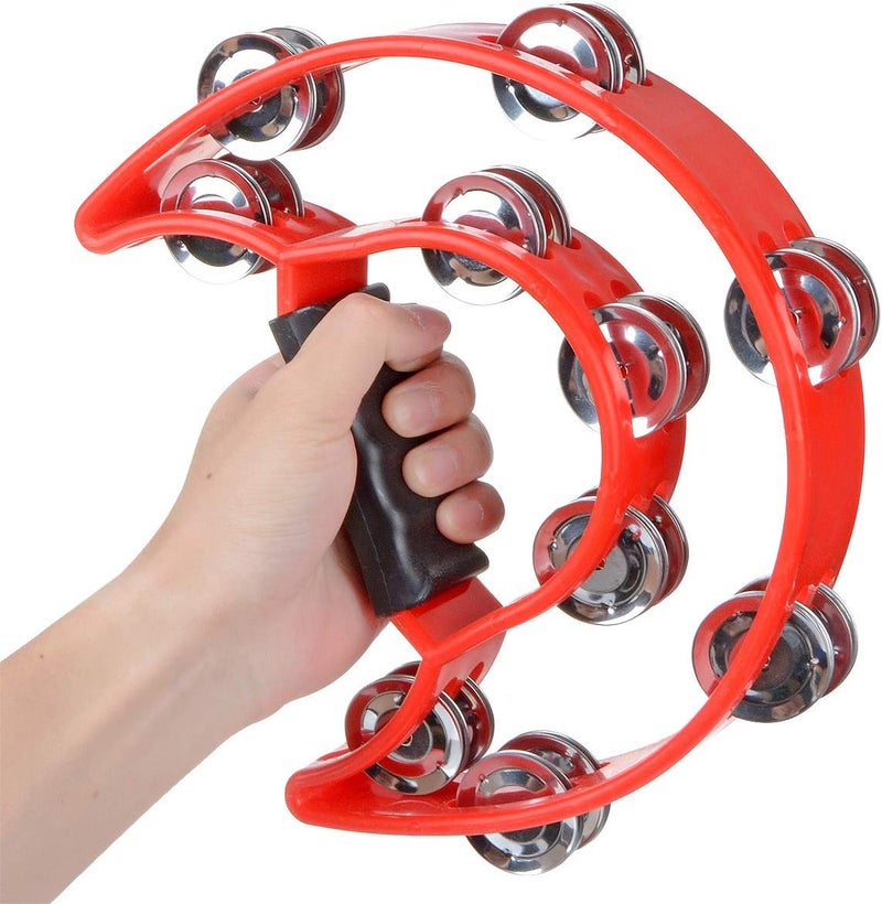 TENINYU Half Moon Musical Tambourine Double Row Metal Jingles Hand Held Percussion Drum Multicolor for KTV Party with Ergonomic Handle Grip (Red) - Image 2