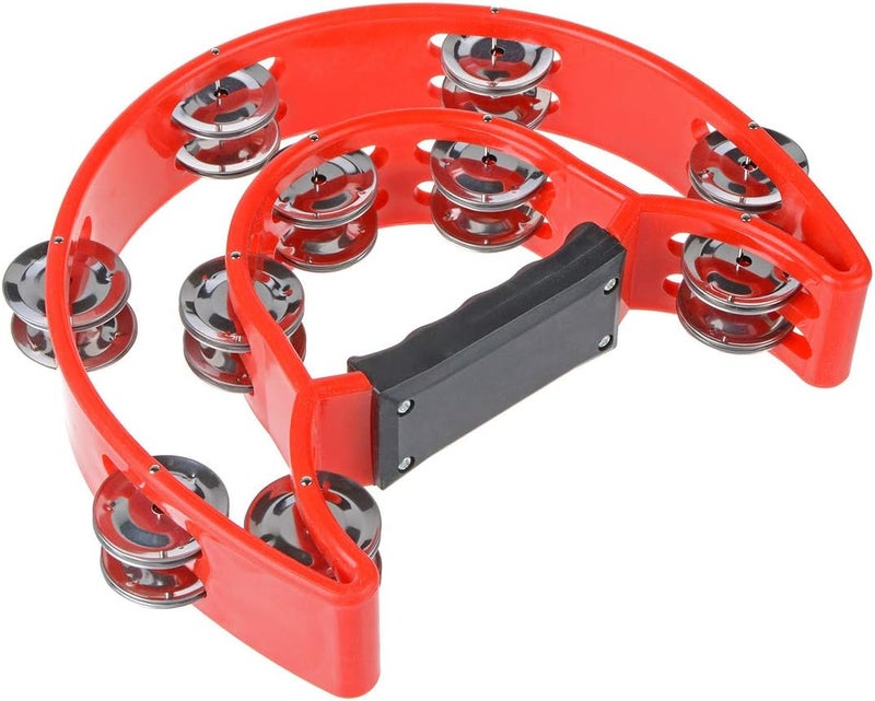 TENINYU Half Moon Musical Tambourine Double Row Metal Jingles Hand Held Percussion Drum Multicolor for KTV Party with Ergonomic Handle Grip (Red) - Image 3