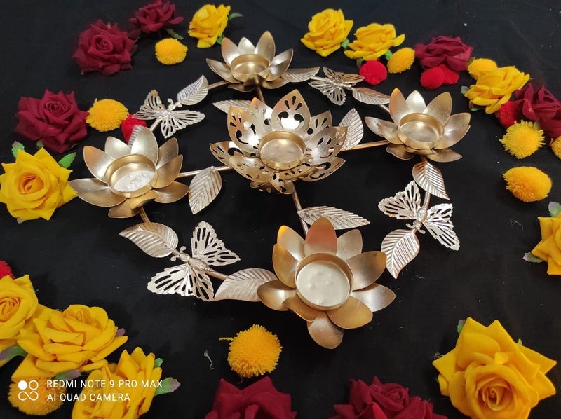 Nutts Handmade Metal Lotus Butterflies Style Tea Light Holder Golden Hanging for Home Decor Diwali Decor Navratri Decor and All Festival Decor - Image 2