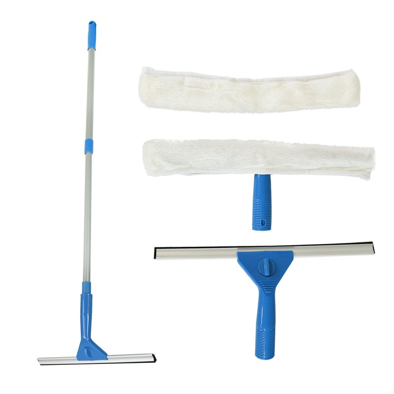 ASAB Window Cleaning Kit  Telescopic Handle  Bathroom Squeegee  2x Wide Fibre Mops  Rubber Squeegee Head  Mirror Cleaning  Indoor Outdoor Use  Shower Glass Cleaner And Scrapper