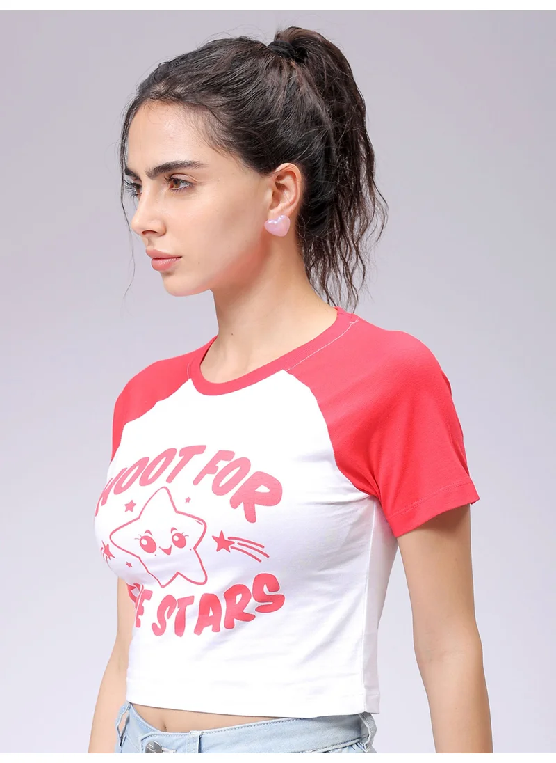 مرفوعة Women Slim White Printed Crew Neck Short Sleeve T-Shirt