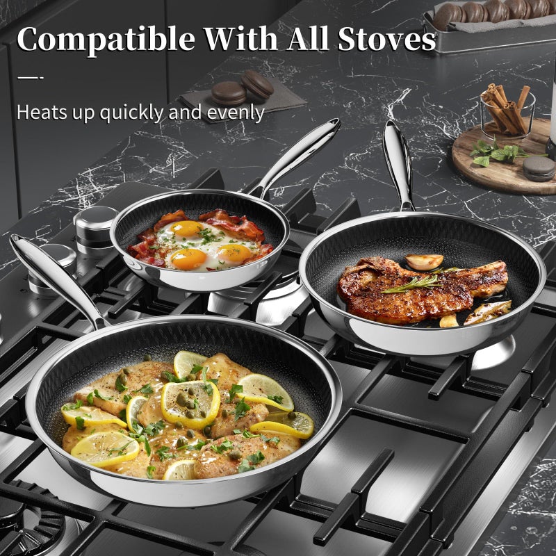 Innerwell Nonstick Titanium Ceramics Stainless Steel Frying Pan Set, 6 Pieces Nonstick Honeycomb Stainless Steel Frying Pan Set, Non Stick Egg Omelet Cooking Pan Set, Induction Compatible, PFAS Free - Image 3