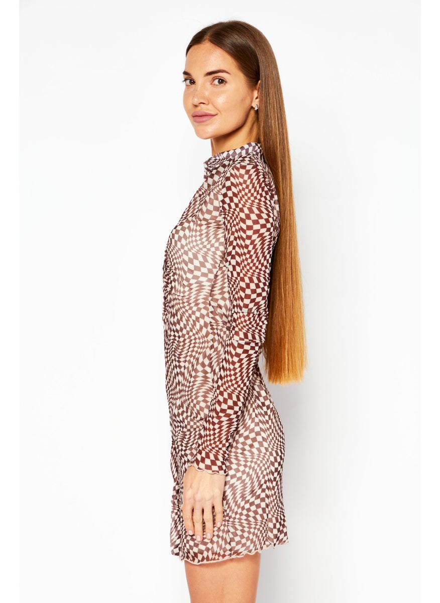 Bershka Women Allover Print Mini Dress, Brown  - Image 2