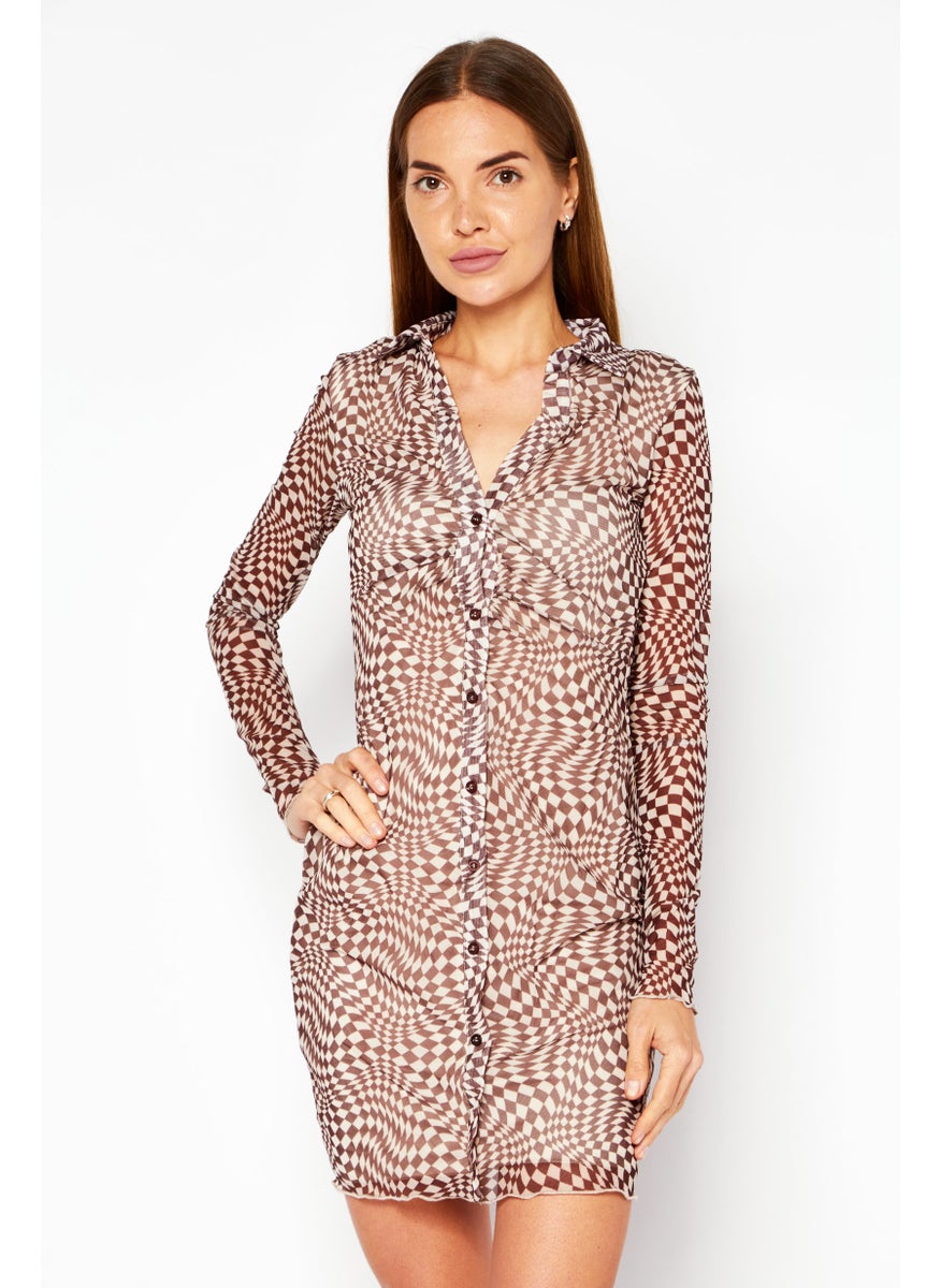 Bershka Women Allover Print Mini Dress, Brown  - Image 1