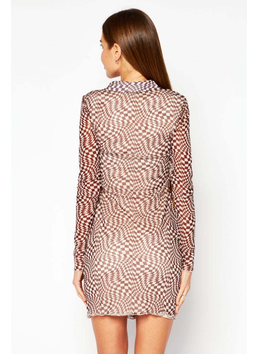 Bershka Women Allover Print Mini Dress, Brown  - Image 4