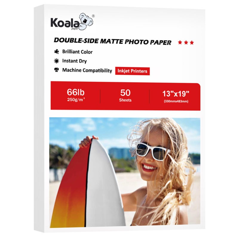 KOALA PAPER Koala Double Sided Matte Thick Photo Paper 13x19 Inches Heavyweight 50 Sheets 250gsm Compatible with Inkjet Printer and Dye Ink