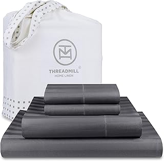 Threadmill 500 Thread Count Queen Size Damask Stripe, 4 Pc Luxury Cotton Sheet Set, Silky Smooth Dark Grey Sheets with - Image 1