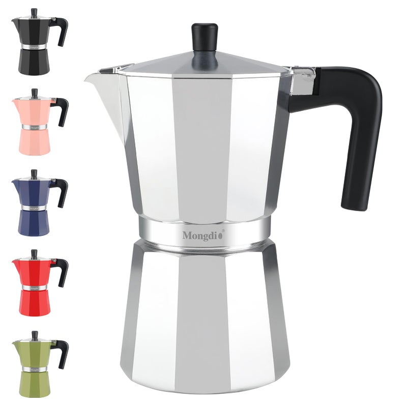 Mongdio Stovetop Espresso Maker Moka Pot, Stove Top Cuban Coffee Maker, Italian Greca Mocha Pot, 9 Espresso Cups, 15 oz - Silver - Image 1