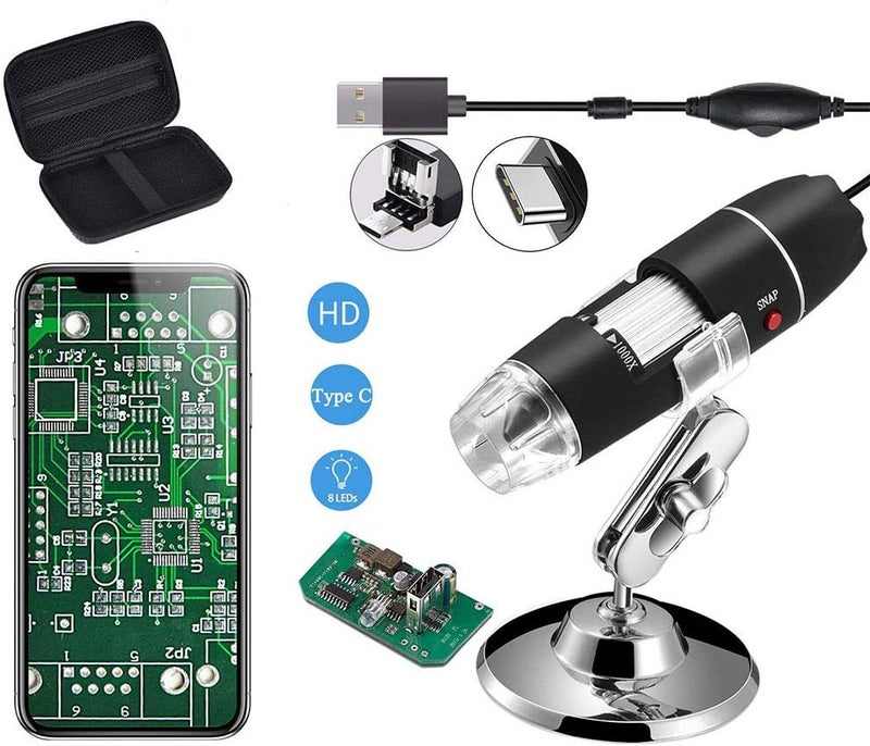 Jiusion Original 40-1000X USB Microscope, Black, LED Light, Metal Base, Compatible with PC, Camera, Android, Mac, Linux, Chrome - Image 1