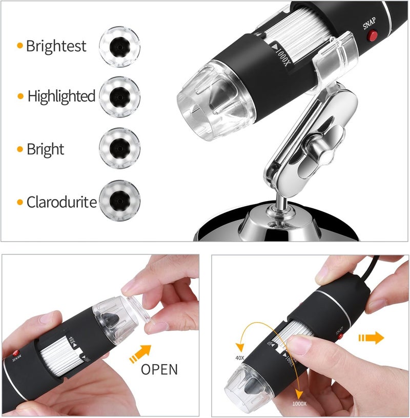 Jiusion Original 40-1000X USB Microscope, Black, LED Light, Metal Base, Compatible with PC, Camera, Android, Mac, Linux, Chrome - Image 2