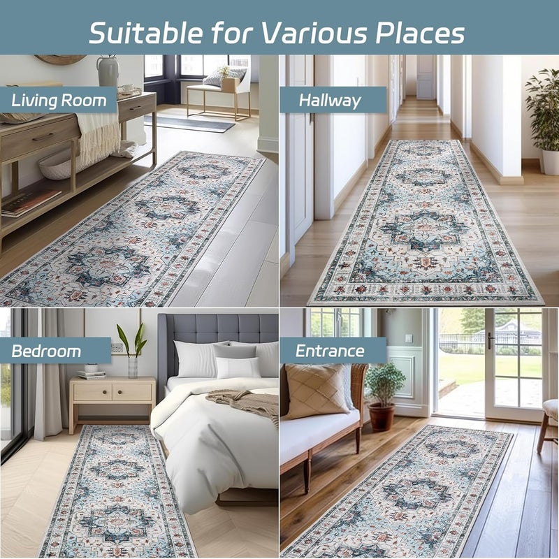 Runner Rug, Washable Hallway Runner Rugs, Non-Slip Low-Pile Soft Kitchen Rug Runner, Vintage Throw Mat for Kitchen, Laundry, Bathroom, Entrance Living Room (4, 80 * 240cm) - Image 5
