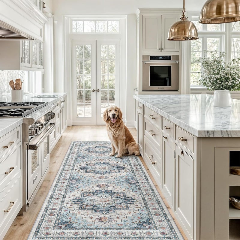 Runner Rug, Washable Hallway Runner Rugs, Non-Slip Low-Pile Soft Kitchen Rug Runner, Vintage Throw Mat for Kitchen, Laundry, Bathroom, Entrance Living Room (4, 80 * 240cm) - Image 1