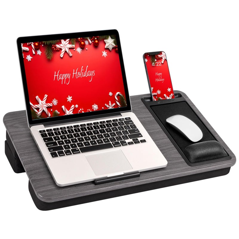 LAPGEAR Extra Large Adjustable Lap Desk with Gel Wrist Rest, Mouse Pad, Phone Holder, Device Ledge, and Booster Cushion - Gray Woodgrain - Fits up to 17.3 Inch Laptops - Style No. 88105 - Image 1
