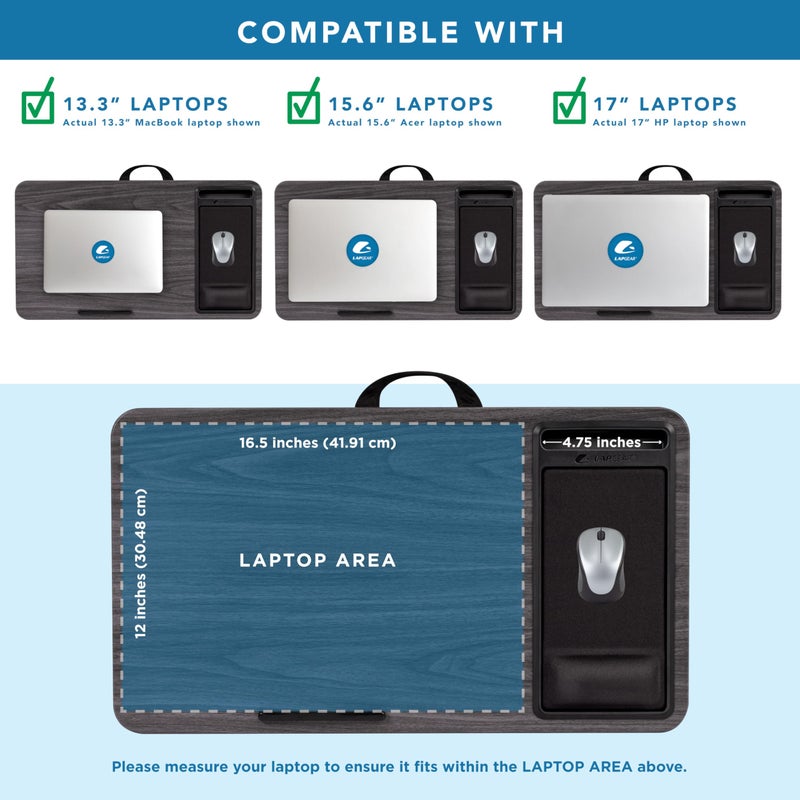 LAPGEAR Extra Large Adjustable Lap Desk with Gel Wrist Rest, Mouse Pad, Phone Holder, Device Ledge, and Booster Cushion - Gray Woodgrain - Fits up to 17.3 Inch Laptops - Style No. 88105 - Image 3