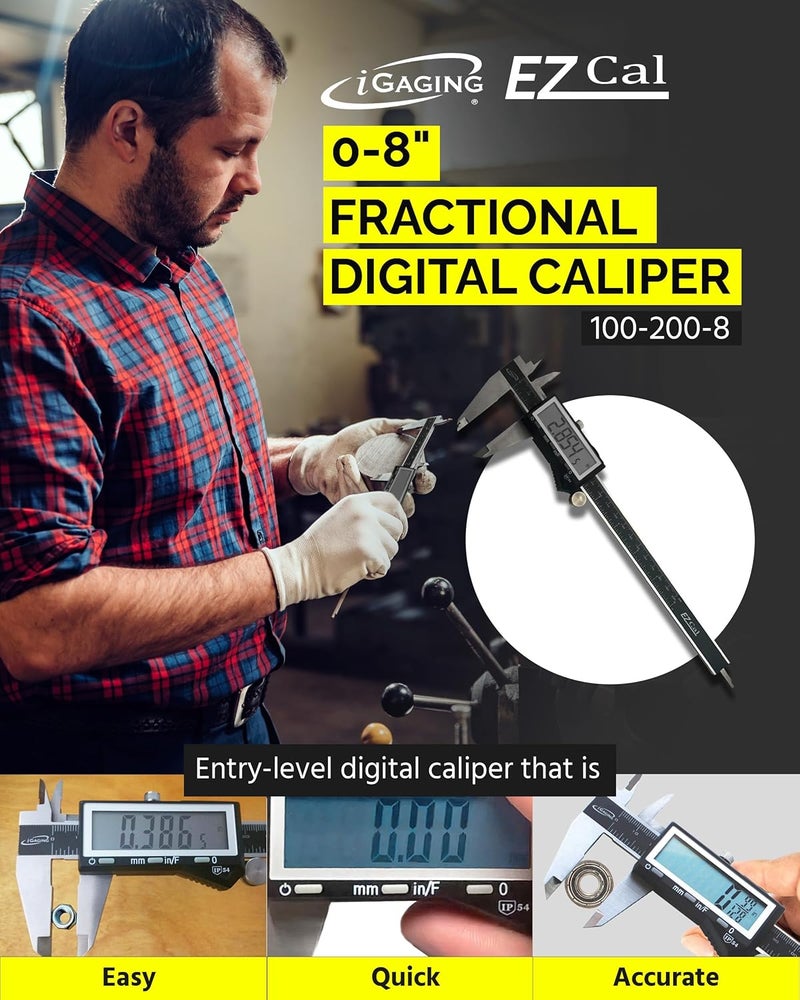 iGaging EZCal Digital Caliper 0-8"/200 mm - IP54 Electronic Caliper with Extra-Large LCD Display - Quick & Accurate Measurements in Inch, Metric, & Fraction Modes - Includes Case, Manual, & Battery - Image 2