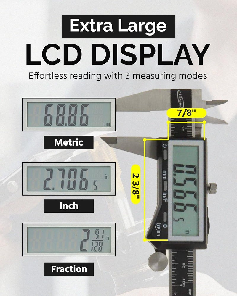 iGaging EZCal Digital Caliper 0-8"/200 mm - IP54 Electronic Caliper with Extra-Large LCD Display - Quick & Accurate Measurements in Inch, Metric, & Fraction Modes - Includes Case, Manual, & Battery - Image 5