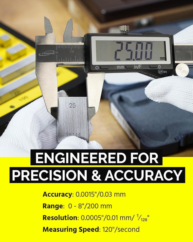 iGaging EZCal Digital Caliper 0-8"/200 mm - IP54 Electronic Caliper with Extra-Large LCD Display - Quick & Accurate Measurements in Inch, Metric, & Fraction Modes - Includes Case, Manual, & Battery - Image 4