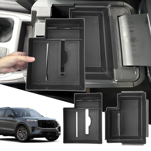 SXCY 2PCS for 2025 2026 Ford Explorer Center Console Organizer 2020-2024 2025 2026 Explorer Accessories 2024 2025 2026 Explorer Armrest Console Tray(Updated Double Layers with Tissue Storage Funtion) - Image 1
