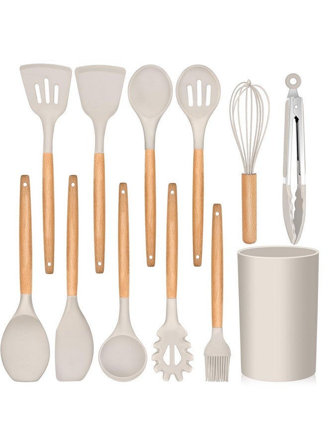 E-far E-far Kitchen Utensils Set of 12, Silicone Cooking Utensils with Holder, Non-stick Cookware Friendly & Heat Resistant, Includes Spatula Tong Whisk Ladle Brush Slotted Turner Spoon(Khaki) - Image 1