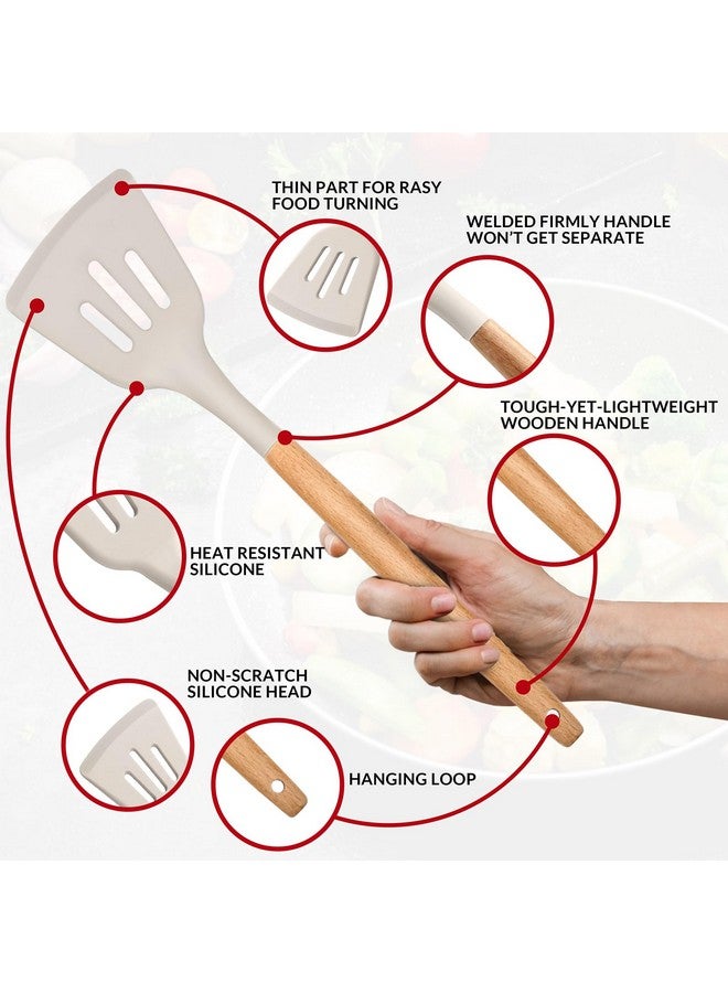 E-far E-far Kitchen Utensils Set of 12, Silicone Cooking Utensils with Holder, Non-stick Cookware Friendly & Heat Resistant, Includes Spatula Tong Whisk Ladle Brush Slotted Turner Spoon(Khaki) - Image 3