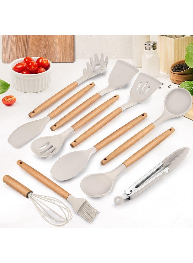 E-far E-far Kitchen Utensils Set of 12, Silicone Cooking Utensils with Holder, Non-stick Cookware Friendly & Heat Resistant, Includes Spatula Tong Whisk Ladle Brush Slotted Turner Spoon(Khaki) - Image 2