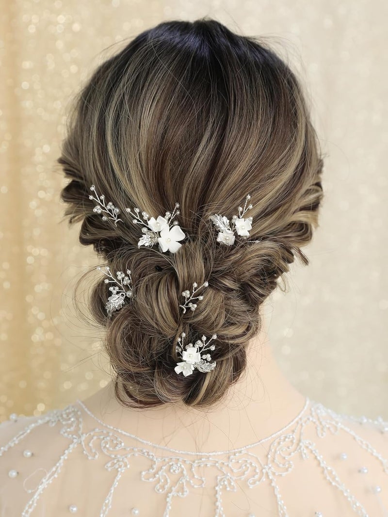 SELFCLOUD Handmade Pearl Bridal Wedding Hair Pins 6Pcs White Flower Gold Leaf Pearls Clips Bridal Hair Accessories for Women Brides Bridesmaid - Image 3