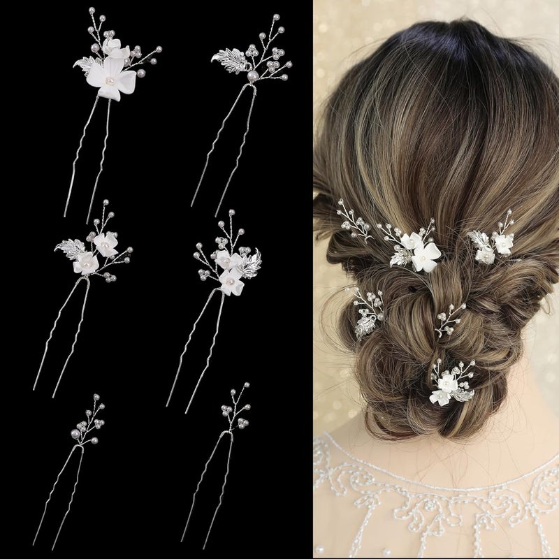 SELFCLOUD Handmade Pearl Bridal Wedding Hair Pins 6Pcs White Flower Gold Leaf Pearls Clips Bridal Hair Accessories for Women Brides Bridesmaid - Image 1