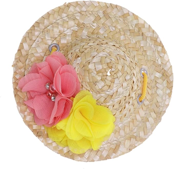 Pet Straw Hat Summer Sun Hat For Dog Cat Party Decor Flower Multi Color Size S - Image 1