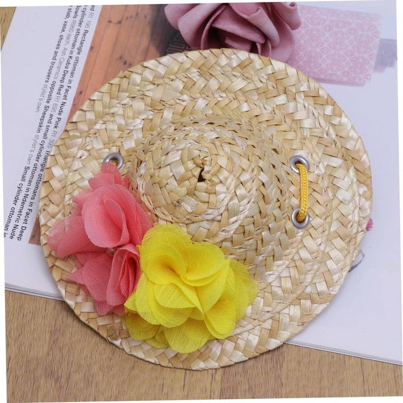 Pet Straw Hat Summer Sun Hat For Dog Cat Party Decor Flower Multi Color Size S - Image 3