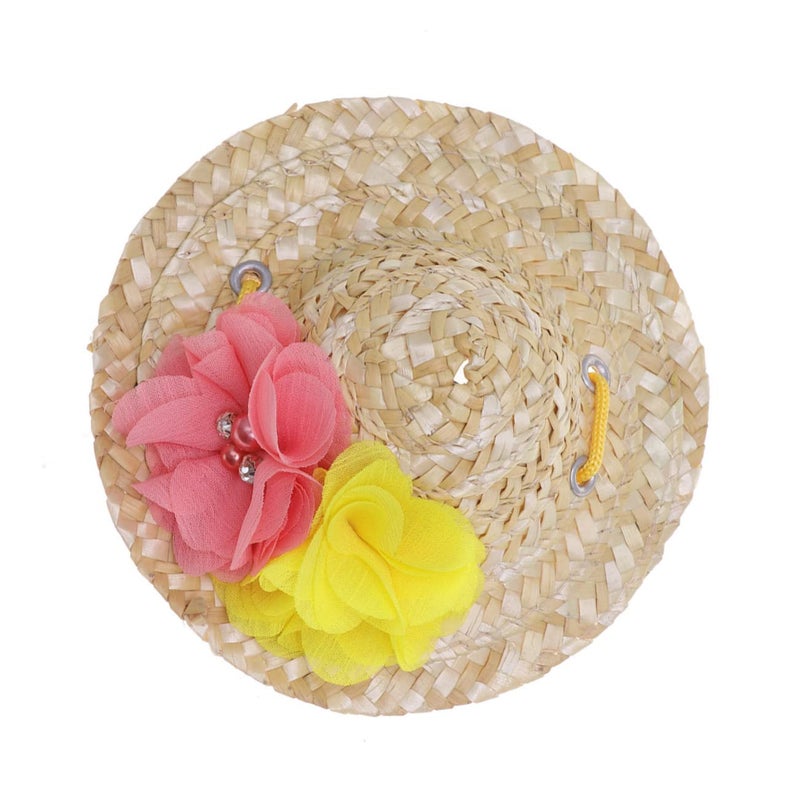 Pet Straw Hat Summer Sun Hat For Dog Cat Party Decor Flower Multi Color Size S - Image 2