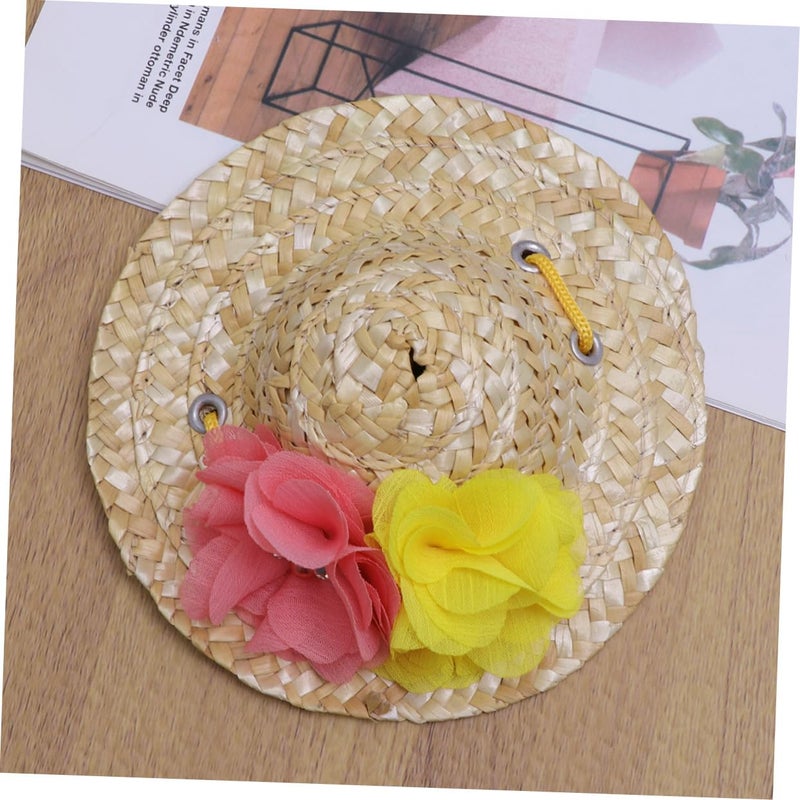 Pet Straw Hat Summer Sun Hat For Dog Cat Party Decor Flower Multi Color Size S - Image 4