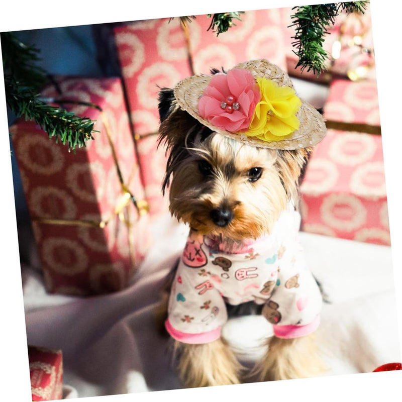 Pet Straw Hat Summer Sun Hat For Dog Cat Party Decor Flower Multi Color Size S - Image 5