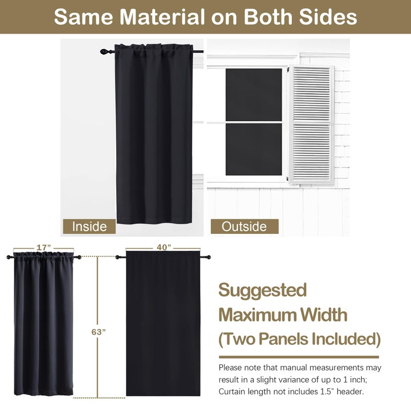 OVZME Black Blackout Curtains for Bedroom 63 Inch Length 2 Panels, Protect Privacy Thermal Insulated Solid Curtains for Bedroom, Dual Rod Pocket Window Treatment Blackout Drapes, 2x40Wx63L Inches - Image 2