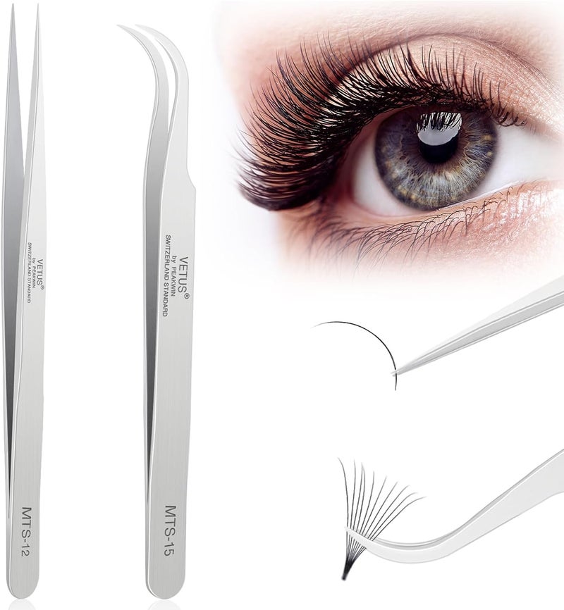 LZM 2 Pieces Tweezers Eyelash Extensions, Straight and Curved Tip Precision Steel Tweezers Professional for False Eyelash Extension - Image 1