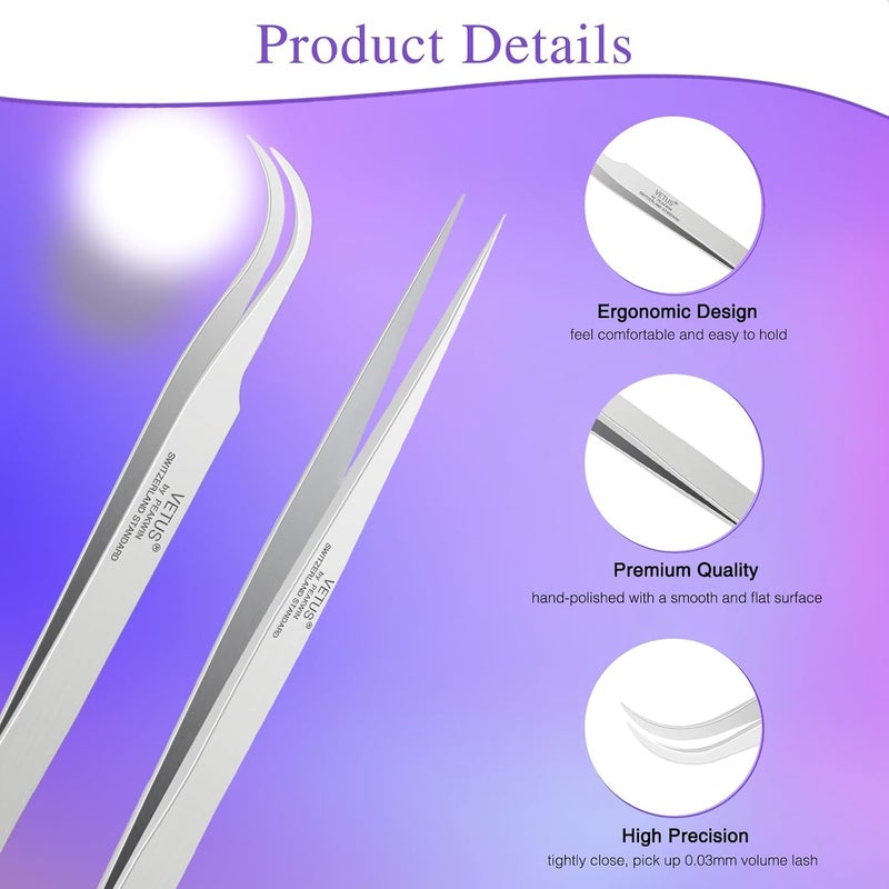 LZM 2 Pieces Tweezers Eyelash Extensions, Straight and Curved Tip Precision Steel Tweezers Professional for False Eyelash Extension - Image 2