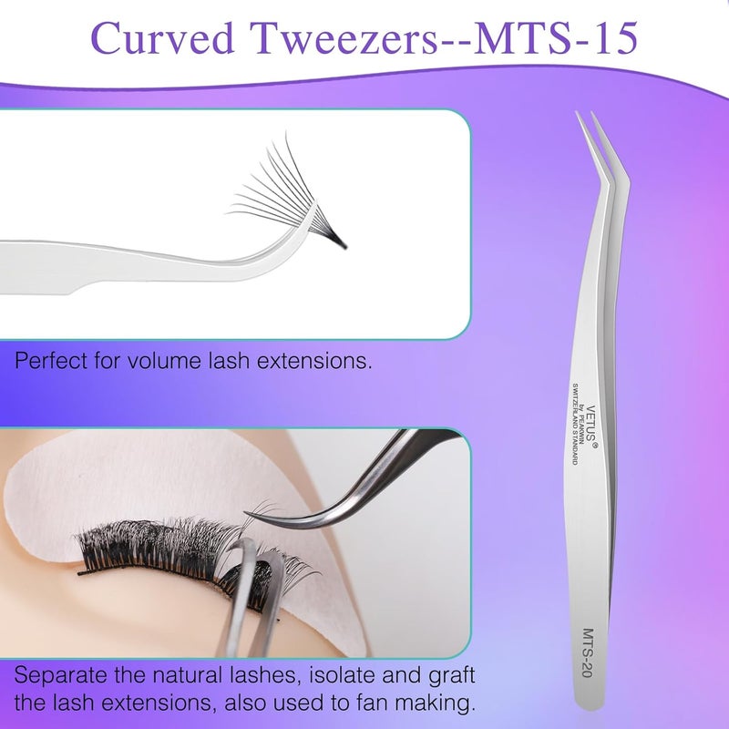 LZM 2 Pieces Tweezers Eyelash Extensions, Straight and Curved Tip Precision Steel Tweezers Professional for False Eyelash Extension - Image 4