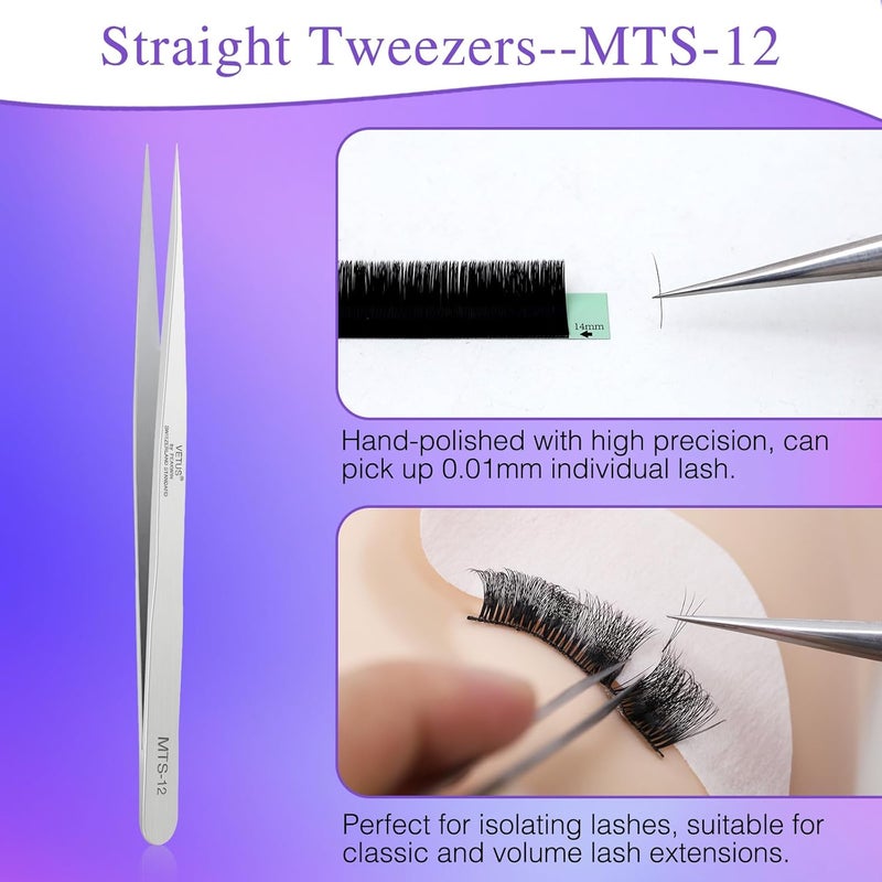 LZM 2 Pieces Tweezers Eyelash Extensions, Straight and Curved Tip Precision Steel Tweezers Professional for False Eyelash Extension - Image 3