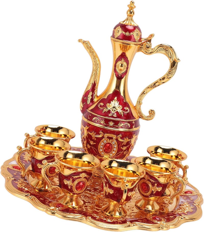 طقم إبريق قهوة كلاسيكي، طقم إبريق نبيذ أوروبي مع 6 أكواب، طقم شاي معدني كلاسيكي، تصميم سبيكة زنك مقاوم للصدأ، هدية زفاف وعيد ميلاد، ��يكور غرفة المعيشة وطاولة الطعام (ذهبي أحمر) - Image 2