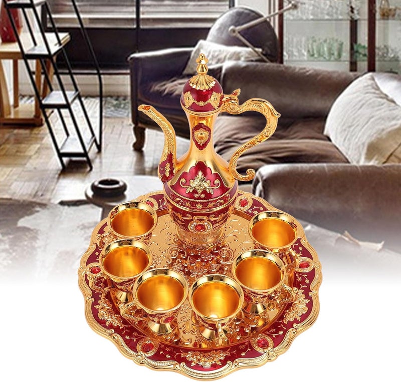 طقم إبريق قهوة كلاسيكي، طقم إبريق نبيذ أوروبي مع 6 أكواب، طقم شاي معدني كلاسيكي، تصميم سبيكة زنك مقاوم للصدأ، هدية زفاف وعيد ميلاد، ��يكور غرفة المعيشة وطاولة الطعام (ذهبي أحمر) - Image 4