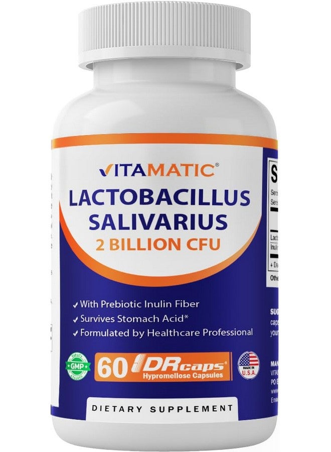 Vitamatic Lactobacillus Salivarius 2 Billion per DR Capsule - 60 Count - Digestive Support - Made with Prebiotic Inulin Fiber (1 Bottle) - Image 1