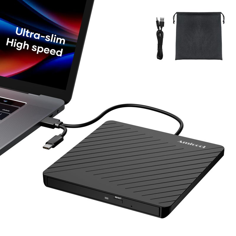 Amicool External USB-C USB 3.0 CD/DVD Drive Burner +/-RW, Ultra-Slim Portable DVD Player Writer Reader for Mac iMac MacBook, Windows 11/10/8 Linux, Laptop Desktop PC Computer Optical Drive - Image 1