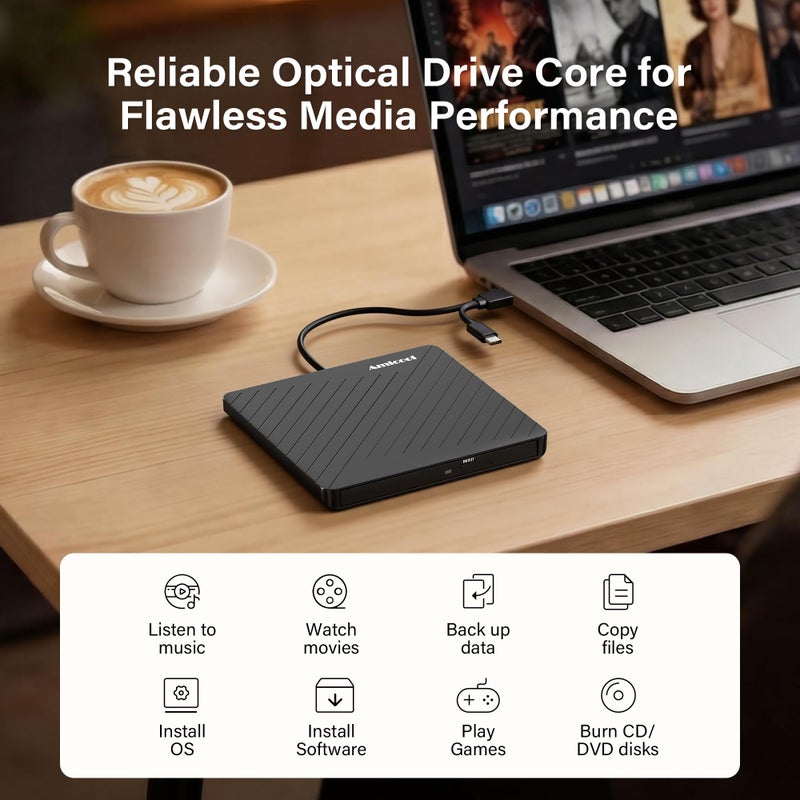 Amicool External USB-C USB 3.0 CD/DVD Drive Burner +/-RW, Ultra-Slim Portable DVD Player Writer Reader for Mac iMac MacBook, Windows 11/10/8 Linux, Laptop Desktop PC Computer Optical Drive - Image 5
