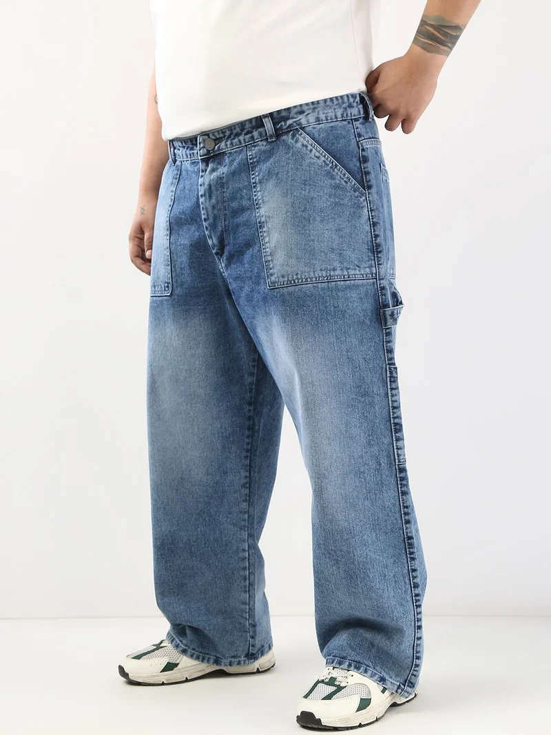 Urbano Fashion  Urbano Plus Men's Light Blue Loose Fit Cargo Carpenter Jeans with 6 Pockets Non-Stretchable  | Best Price UAE