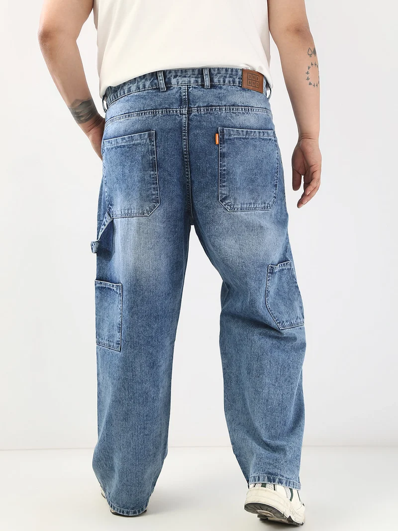 Urbano Fashion  Urbano Plus Men's Light Blue Loose Fit Cargo Carpenter Jeans with 6 Pockets Non-Stretchable  | Best Price UAE