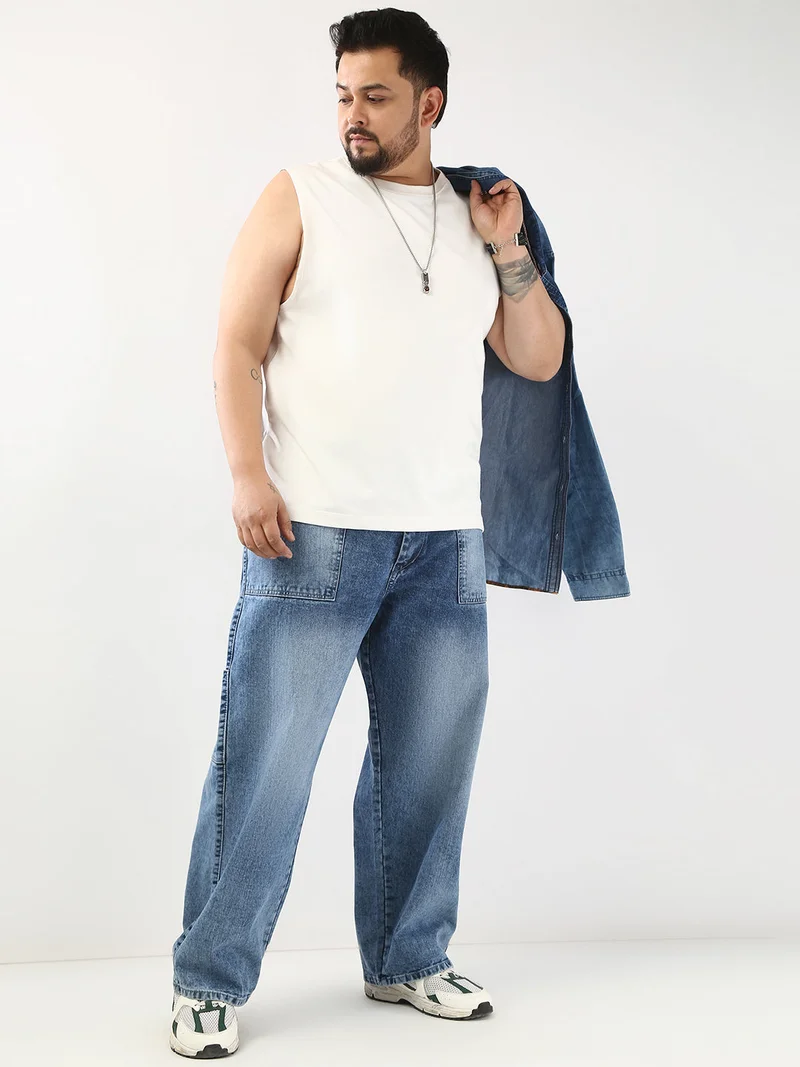 Urbano Fashion  Urbano Plus Men's Light Blue Loose Fit Cargo Carpenter Jeans with 6 Pockets Non-Stretchable  | Best Price UAE